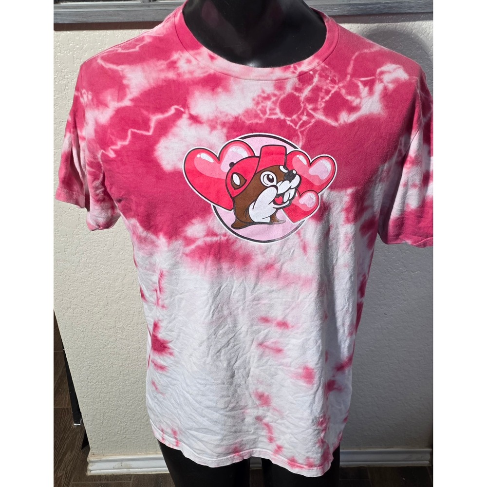Buc-ee's Mens Pink Tie Dye Valentines Day Beaver Nuggets Graphic T-Shirt Large